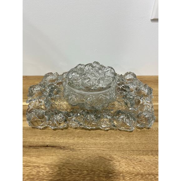 Vintage Goofus Glass Dresser Jar with A Cabbage Rose Design and A Puffy Tray HTF - Picture 2 of 12